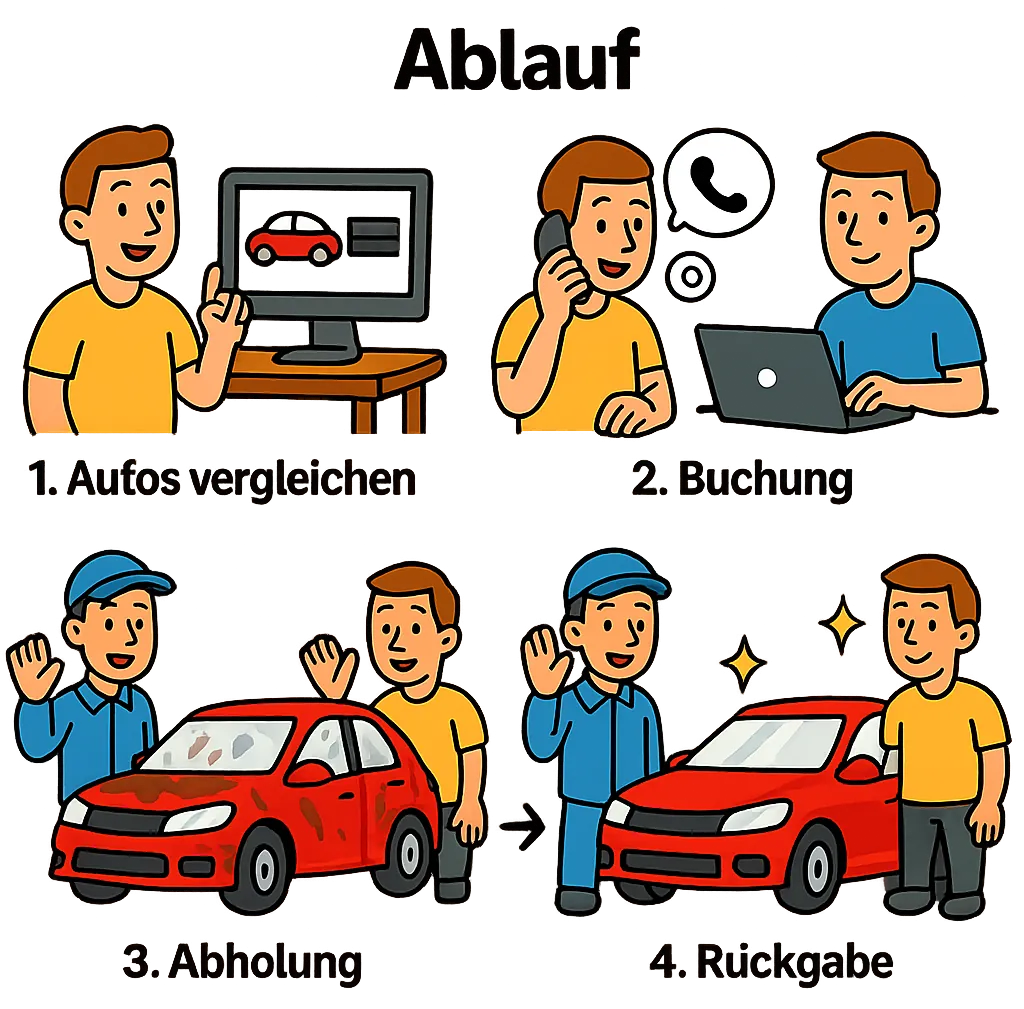 Schritt für Schritt – Autoaufbereitung Ablauf Comic Grafik